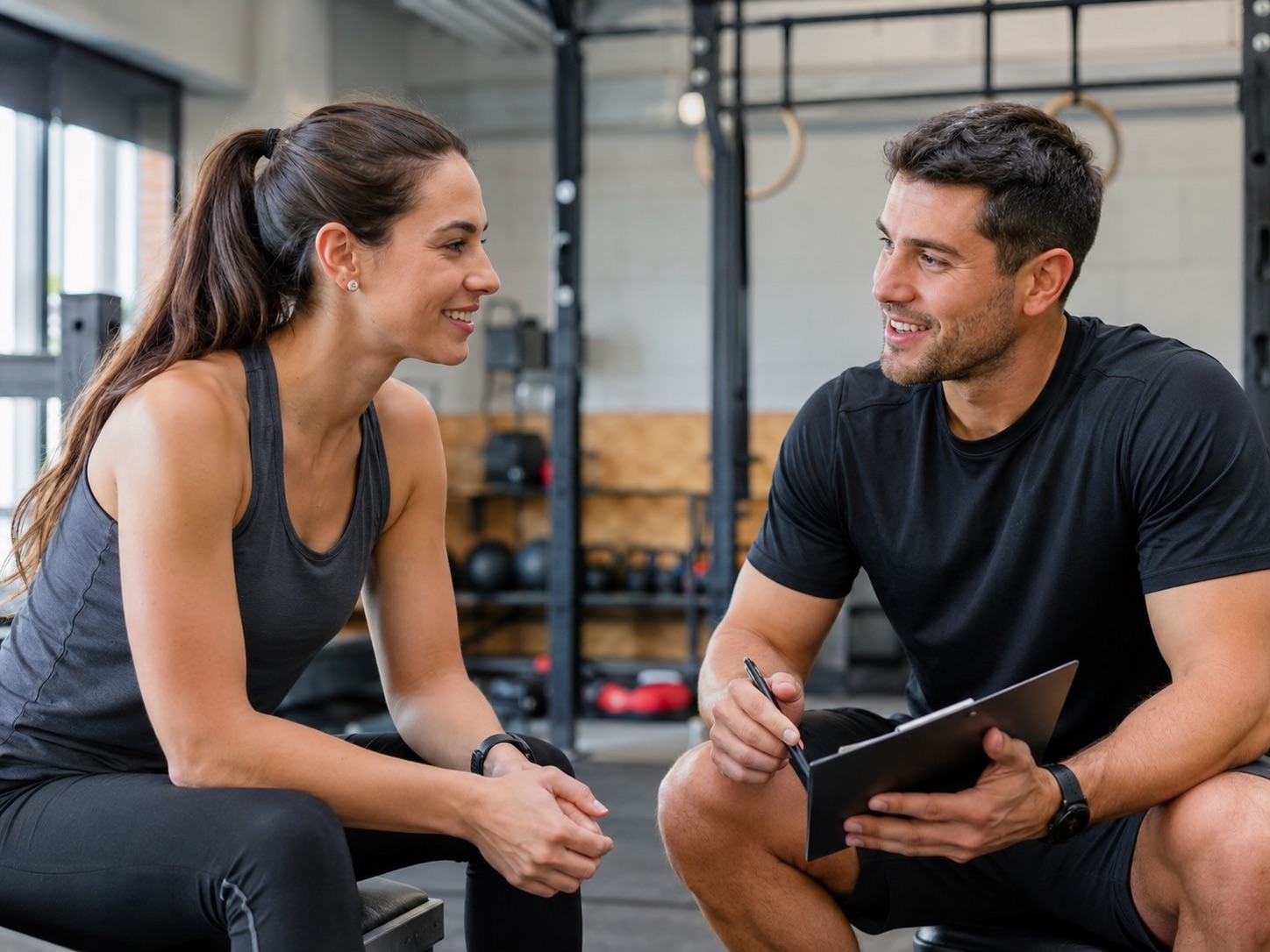 A coach having a friendly one-on-one chat with a member